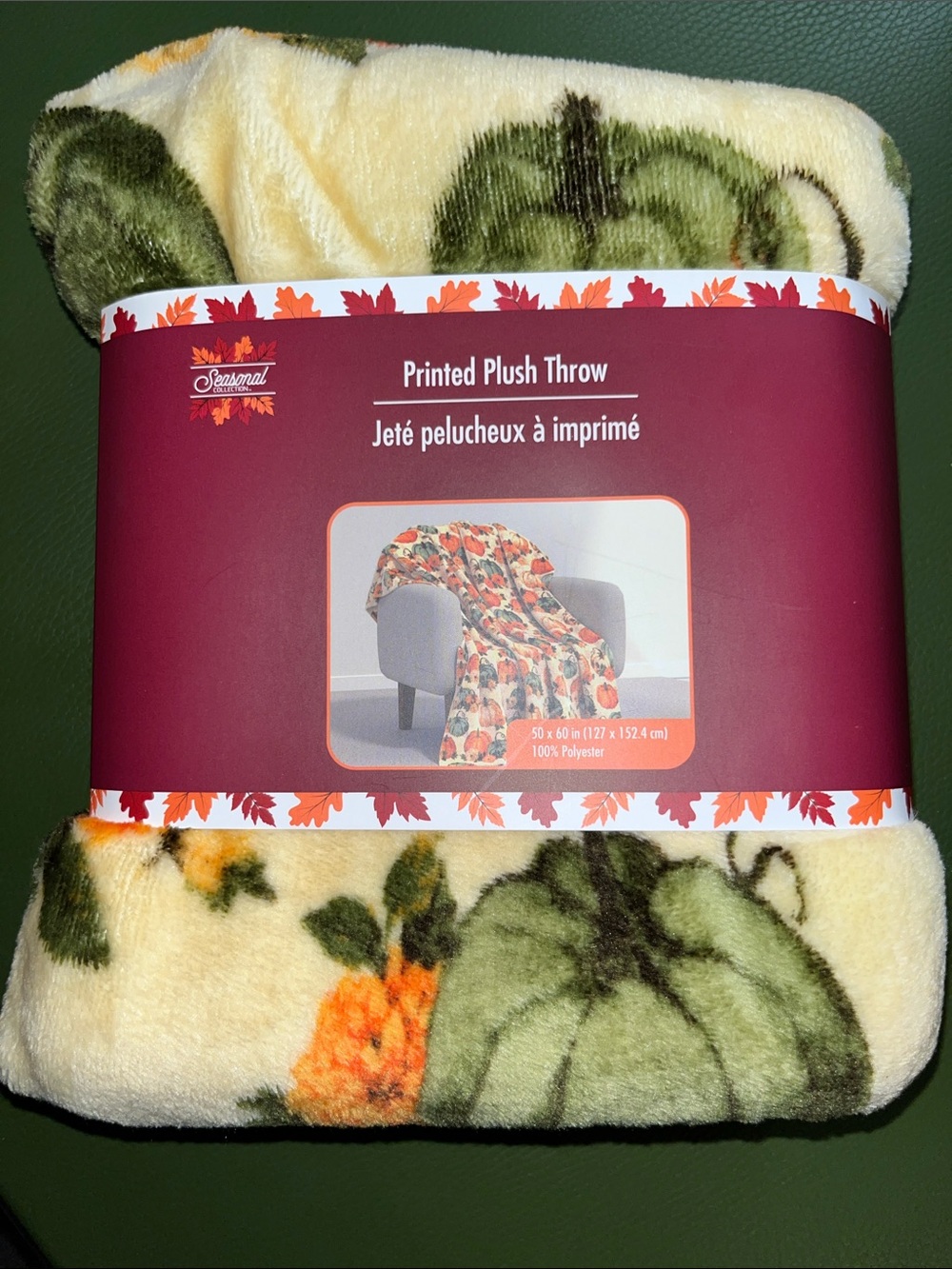Printed Plush Throw Blanket - Cream & Green Pumpkin Design